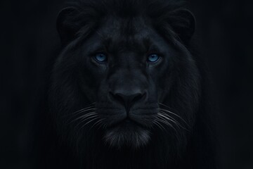 Obraz premium Dramatic Portrait of a Majestic Black Lion with Piercing Blue Eyes, Set Against a Dark Background