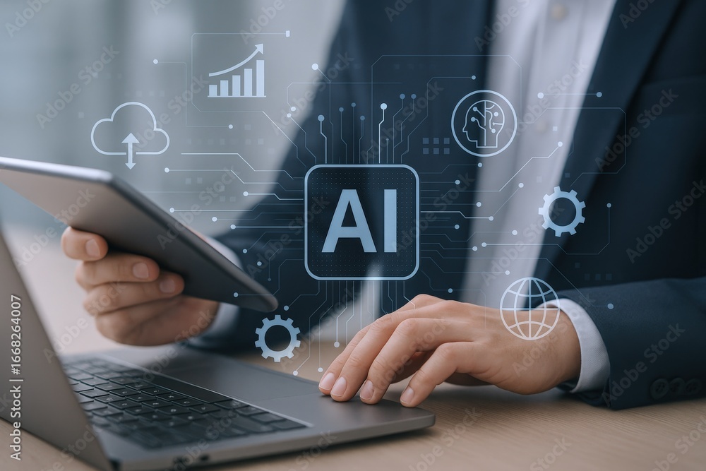 Poster artificial intelligence integration: business professional using ai technology on laptop and tablet 