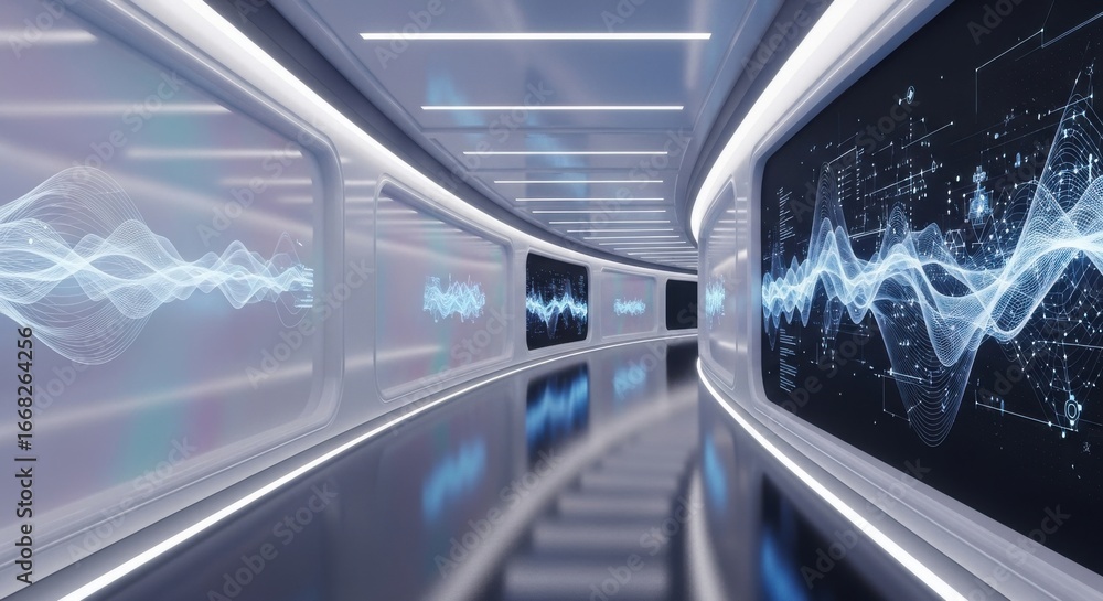 Aufkleber sleek futuristic tunnel displaying digital waves and technological data