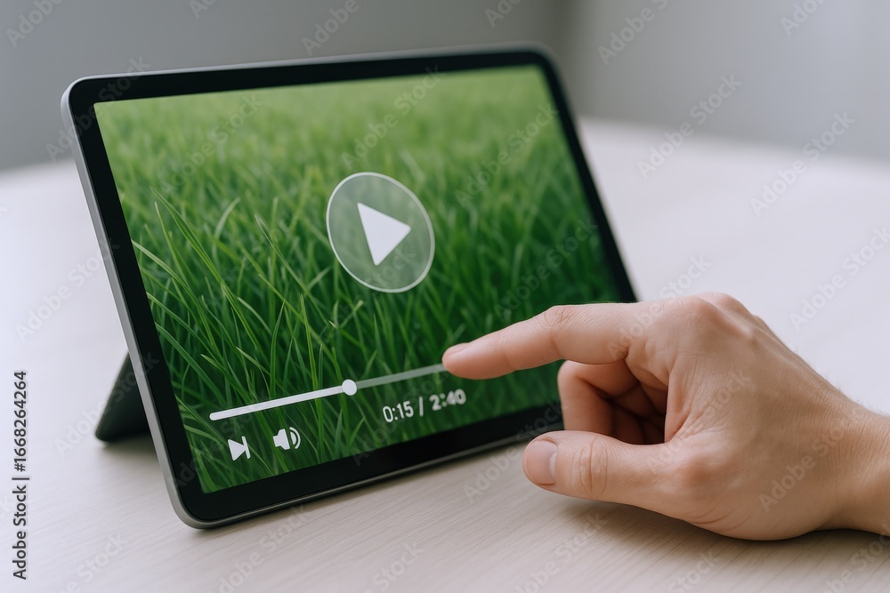 Poster tablet displaying video of green grass with hand interacting with playback interface on desk