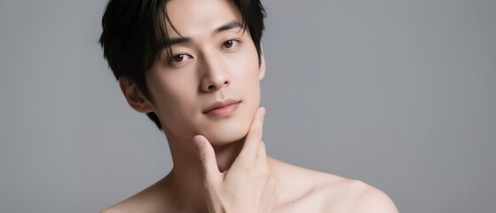 自分の肌に触れる上半身裸の男性のビューティーショット