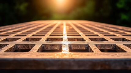 Close-up of metallic grating reflecting sunlight in nature