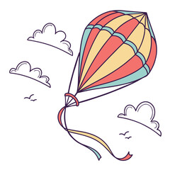Illustration of a colorful hot air balloon flying in the sky with clouds