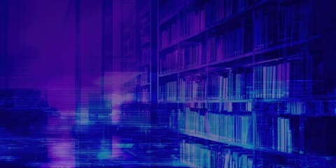 Abstract Library Bookshelf with Modern Digital Overlay in Blue and Purple Hues, Creating a Futuristic Academic Ambiance