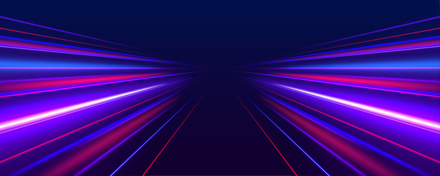 Panoramic neon vector design showcasing futuristic speed technology. Glowing lines move through a dark space, evoking digital progress. Perfect for a modern tech aesthetic.