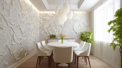 Dining area interior with decorative floral wall, light fixture, and elegant table setting