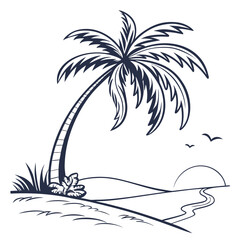 Palm tree on a tropical island with sunset