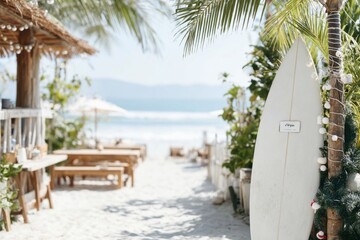 Tropical beachside is adorned with holiday decorations, creating a festive atmosphere for Christmas. Visitors enjoy the sun, surf, and vibrant decorations along the sandy shore
