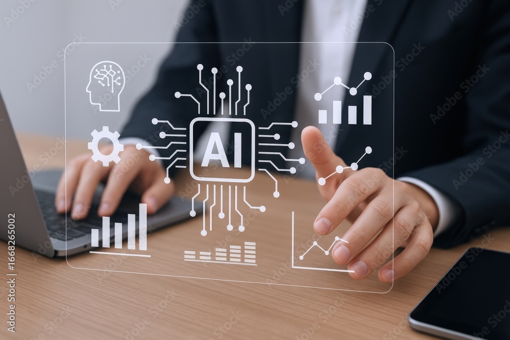 Poster artificial intelligence interface display with data analytics and businessman using laptop for techn