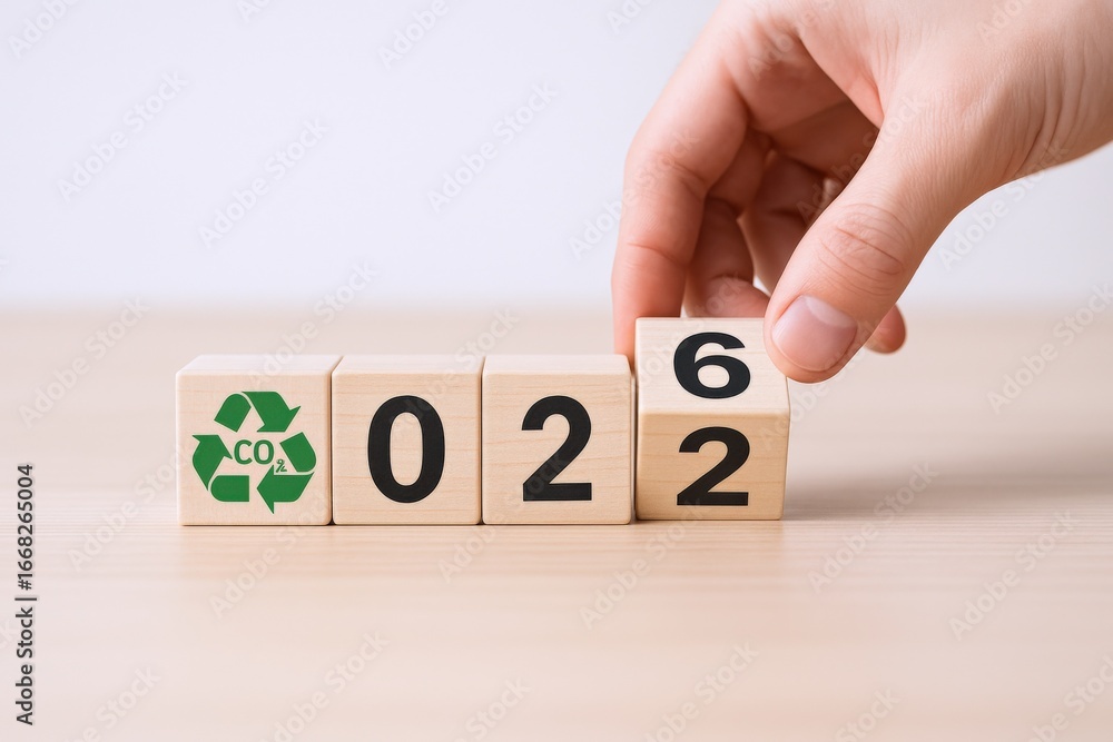 Poster symbolic transition from 2022 to 2026 with environmental focus blocks, signifying growth and future 