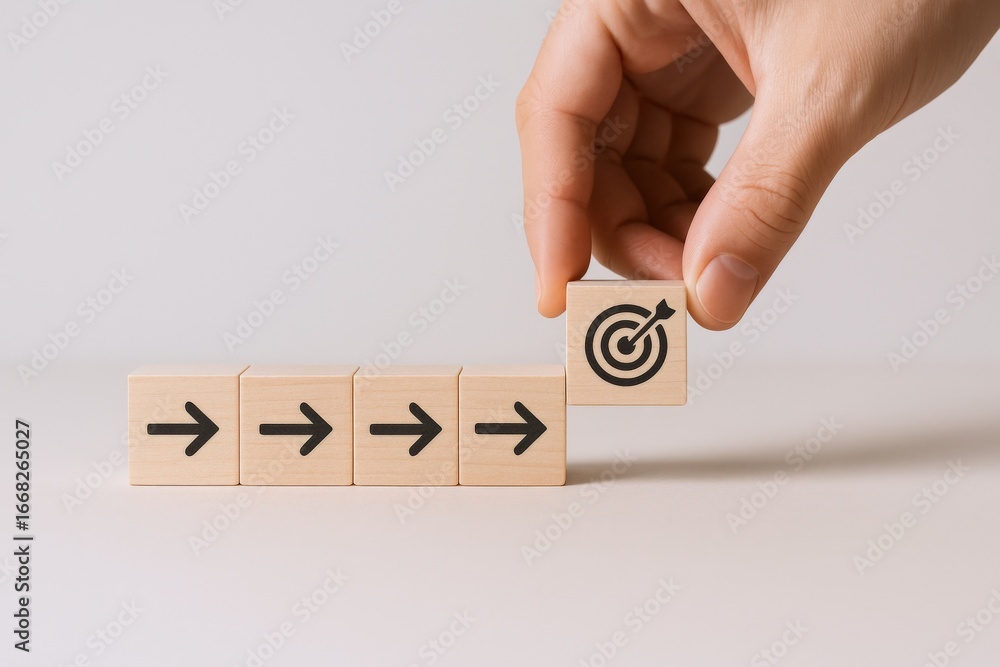 Aufkleber achieving business goals: hand placing target block to complete sequence of arrow direction blocks
