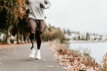 A determined young Black male athlete jogs along a picturesque path, showcasing his carbon fiber prosthetic leg. The autumn scenery provides a beautiful backdrop for his outdoor exercise routine
