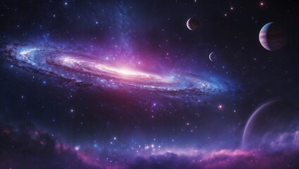 Spiral Galaxy with Glowing Core and Surrounding Planets in Deep Space