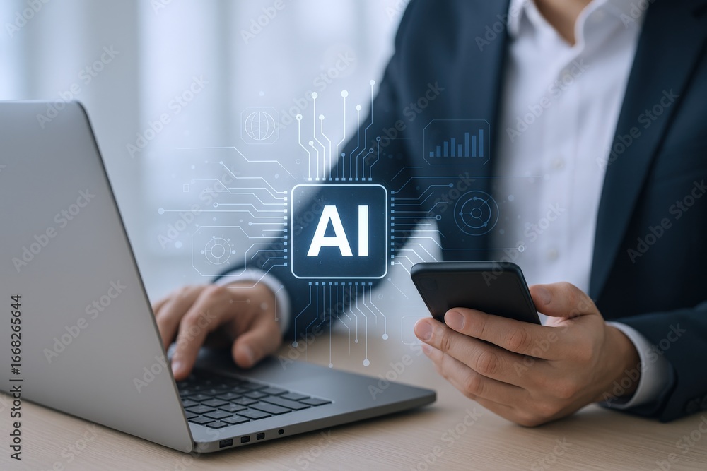Poster artificial intelligence integration: businessman using ai technology on laptop and smartphone for bu