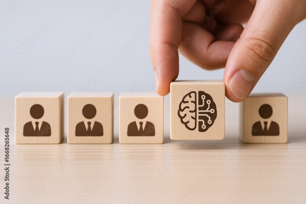 Poster artificial intelligence integration: hand placing ai brain block among human figure blocks represent
