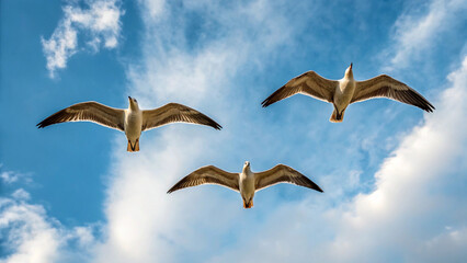 Fototapeta premium Three seagulls in flight against a bright blue sky with white clouds birds flying