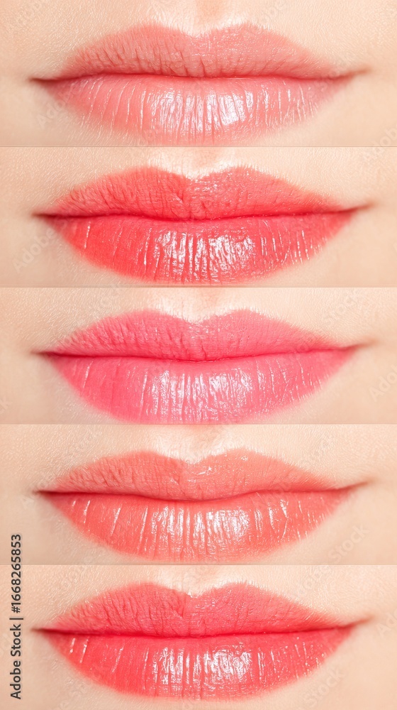 Poster close-up view of five different lip shades arranged vertically, showcasing a gradient of colors from