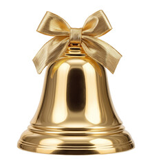 Elegant polished gold bell decorated with matching golden ribbon bow isolated on transparent background