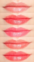 Close-up view of five different lip shades arranged vertically, showcasing a gradient of colors from soft pink to vibrant red, ideal for beauty and cosmetic product promotion