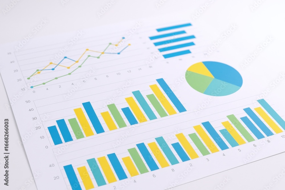 Aufkleber business data charts and graphs on white paper: financial analysis and reporting presentation