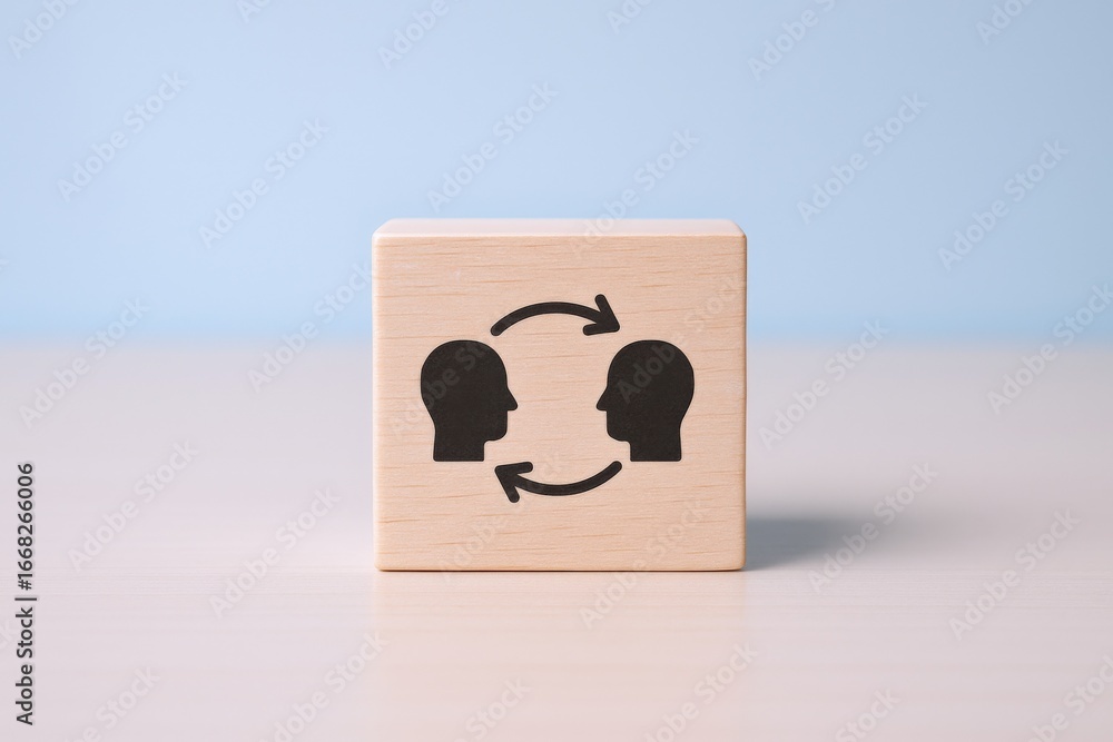 Poster communication concept: wooden cube with head icons and circular arrows representing exchange and und