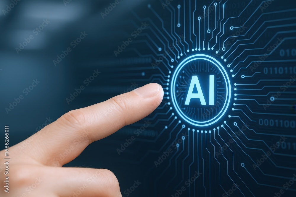 Poster artificial intelligence activation: finger touching ai interface on blue digital screen, symbolizing