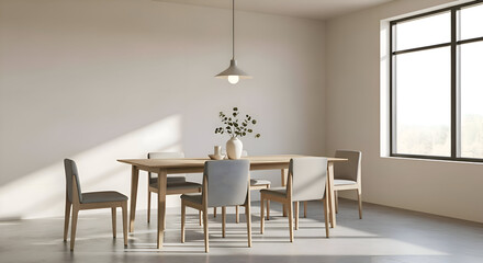 Fototapeta premium Minimalist Dining Room with Wooden Table and Modern Chairs