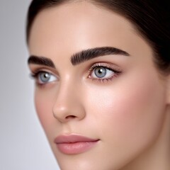 Fototapeta premium Close-up portrait of a young woman with striking blue eyes and well-defined eyebrows, showcasing natural beauty and flawless skin in a soft, neutral background