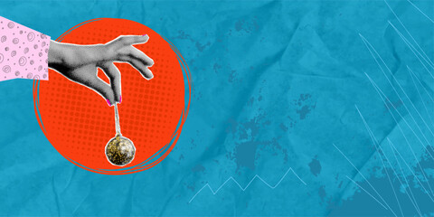 Trendy halftone collage in pop art style. Girl's hand with shiny Christmas tree toy on blue background with space for text. Holiday and party concept.