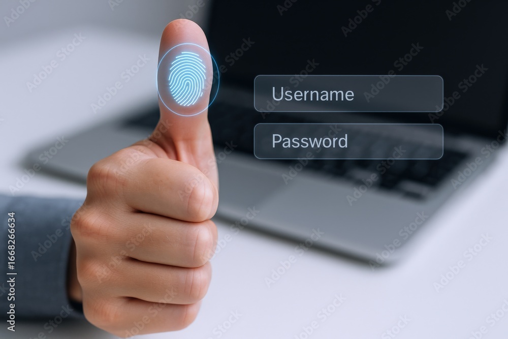 Poster fingerprint scan on screen for secure access and identity verification with modern technology