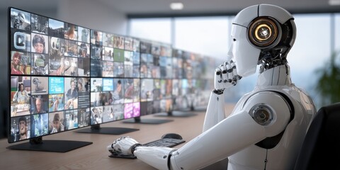 Robot Analyzing Multiple Screens Displaying Visual Data, Depicting Advanced AI and Data Analysis Concepts