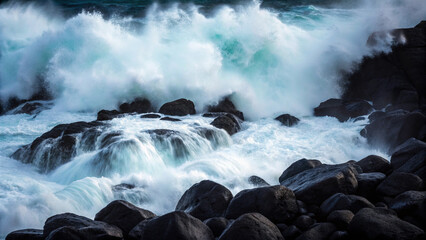 Turbulent Sea Waves Crashing Over Dark Jagged Rocks with Turquoise Water ocean nature