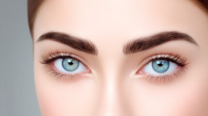 Fototapeta premium Close-up of a young womans striking blue eyes, framed by perfectly shaped eyebrows and long lashes, showcasing beauty and elegance in a soft, neutral background