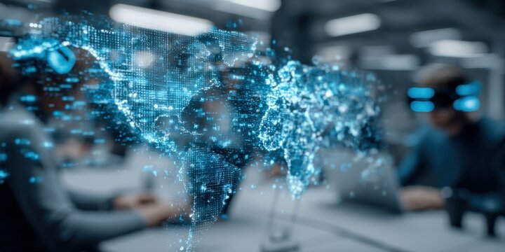 Futuristic World Map Projection Displayed During a Corporate Meeting with VR Technology and Global Connectivity