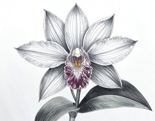 Obraz premium Detailed pencil sketch of a single, elegant white orchid with maroon-purple accents in its center.