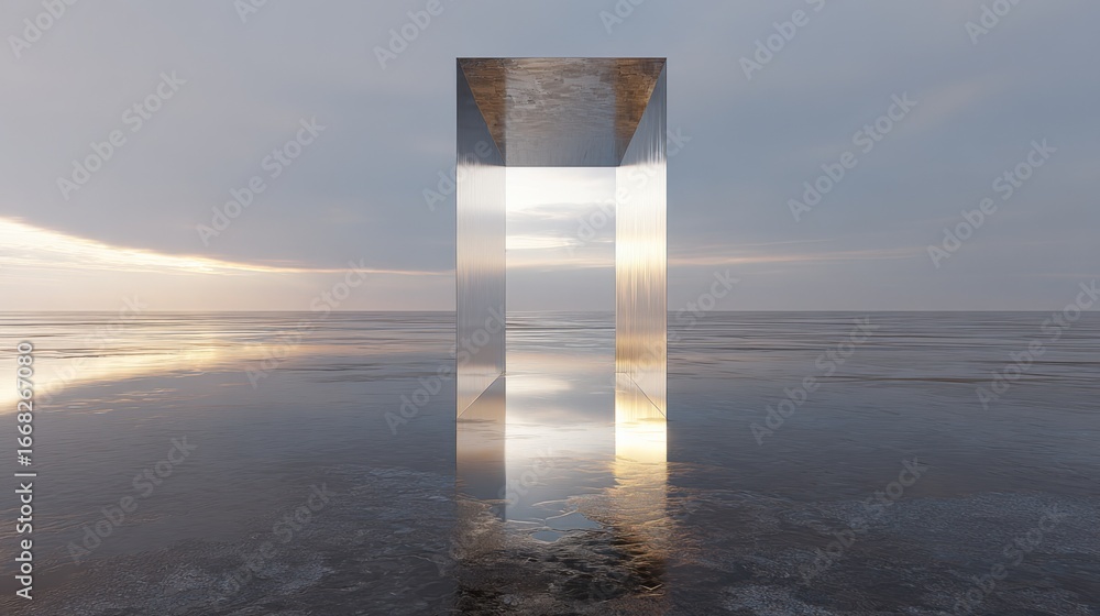 Poster minimalist reflective structure on water: conceptual modern art installation with sky reflection at 