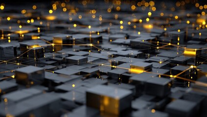 Abstract network of dark gray cubes with glowing golden lines and points