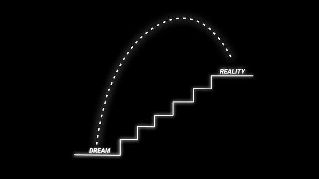 This image depicts a stylized staircase with illuminated steps, leading upwards. A bright, dotted line forms a parabolic arc above the stairs, suggesting movement or a trajectory.