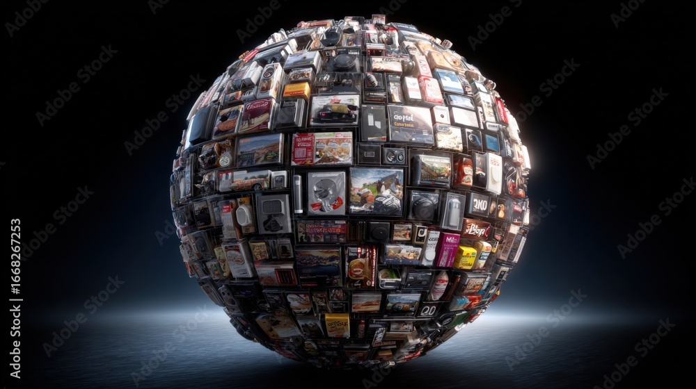 Poster abstract sphere composed of images: visualizing global content aggregation and digital media represe