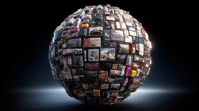 Abstract Sphere Composed of Images: Visualizing Global Content Aggregation and Digital Media Representation on a Dark Background