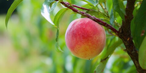 A close-up of a ripe peach on a tree branch, ready for picking in the summer.
