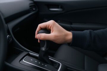 Obraz premium Driver operating automatic transmission gear shift inside car for vehicle control and automotive technology