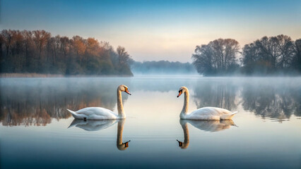 Fototapeta premium Two White Swans Facing Each Other on a Misty Lake at Sunrise with Autumn Trees water