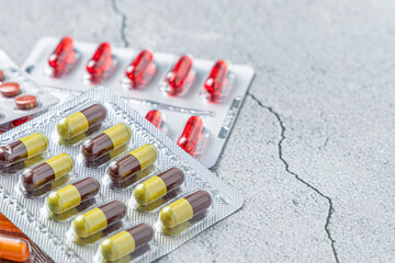 Variety of medicines and drugs.Medicine and healthcare concept.Variety of medicines and...