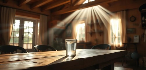 Fototapeta premium Sunlight streams into a cozy home, highlighting a glass of water on a rustic table, peaceful, vitamins
