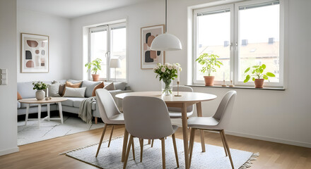 Bright Scandinavian Apartment Dining and Living Room