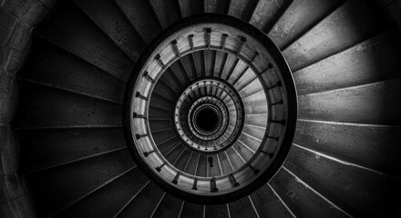 Abstract black and white spiral staircase viewed from above creating a mesmerizing geometric pattern
