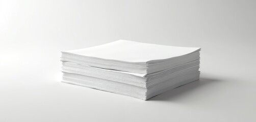 Three stacks of blank white paper provide clean, simple surface for design needs. Ideal for print, stationery, office documents, marketing materials. Use clean paper sheets for flyers, booklets,