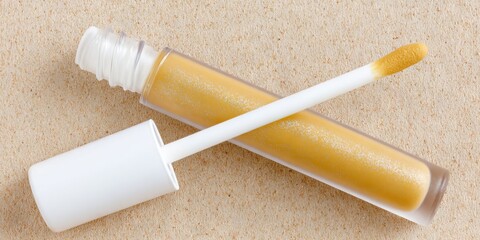 Lip gloss tube with applicator lying on a textured surface, showcasing a glossy finish and vibrant color, ideal for beauty and cosmetic product photography