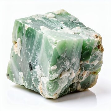 Striking close-up of raw green jade stone formation details presented on white background